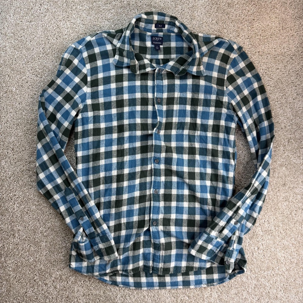 J.Crew Shirt Mens Large Blue Plaid Flannel Long Sleeve Button Up Slim Casual